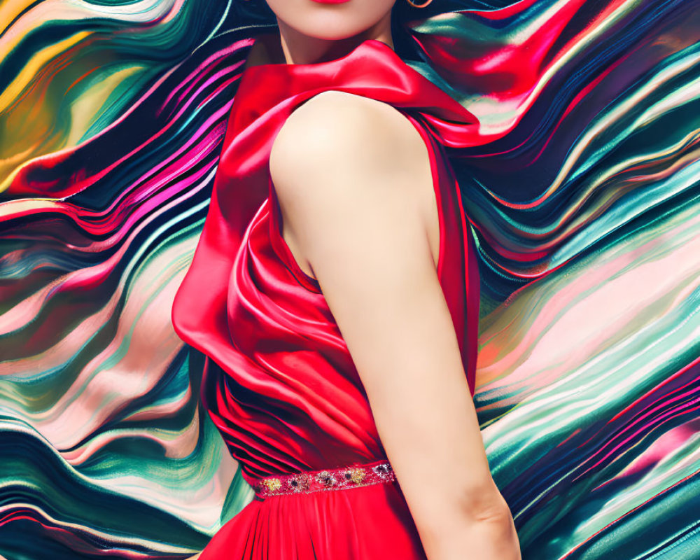 Elegant woman in red dress with vibrant multicolored backdrop