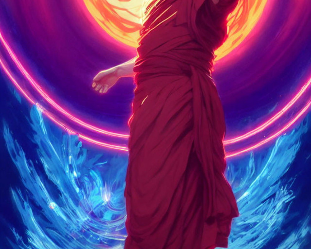 Bald Figure in Red Robes Raises Arm Against Swirling Energy