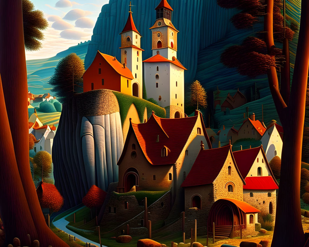 Colorful Stylized Illustration of Quaint Village at Sunset