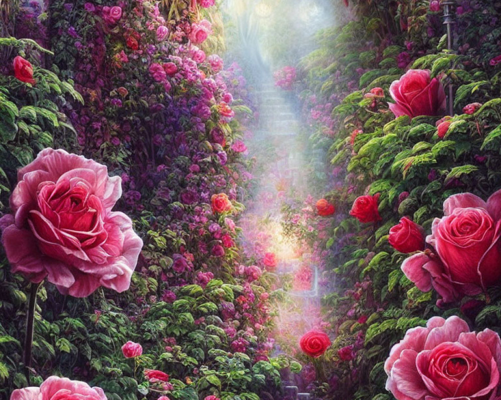 Vibrant pink roses on lush garden path under mystical light