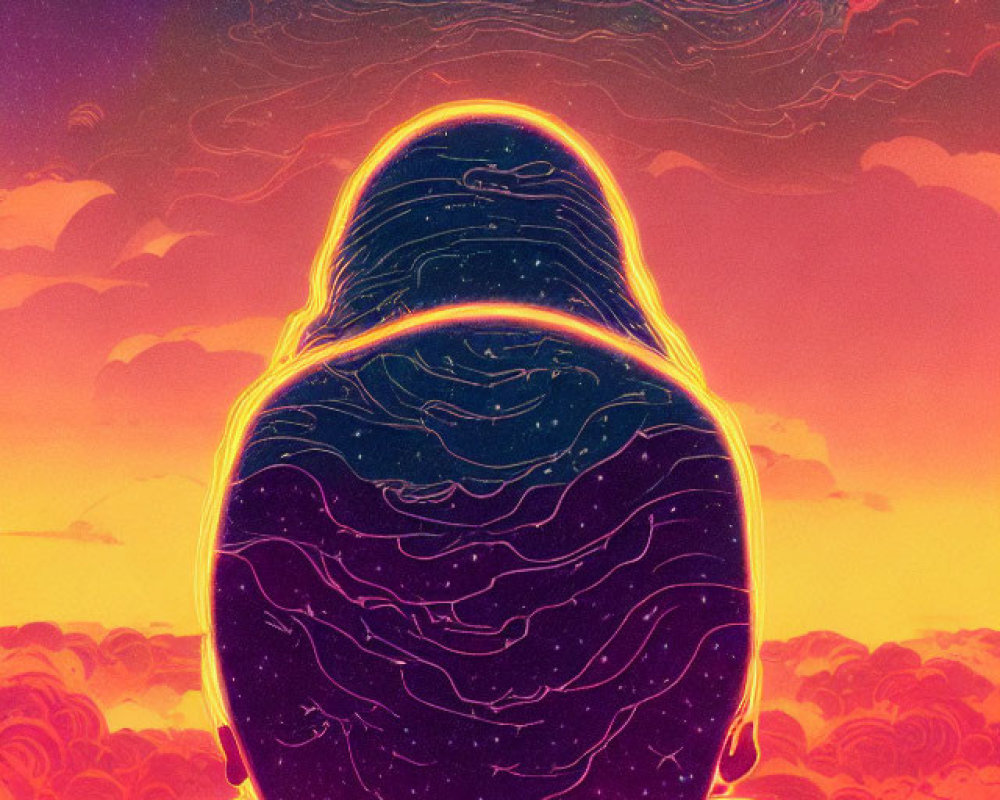 Person meditating in cosmic sunset colors with celestial patterns