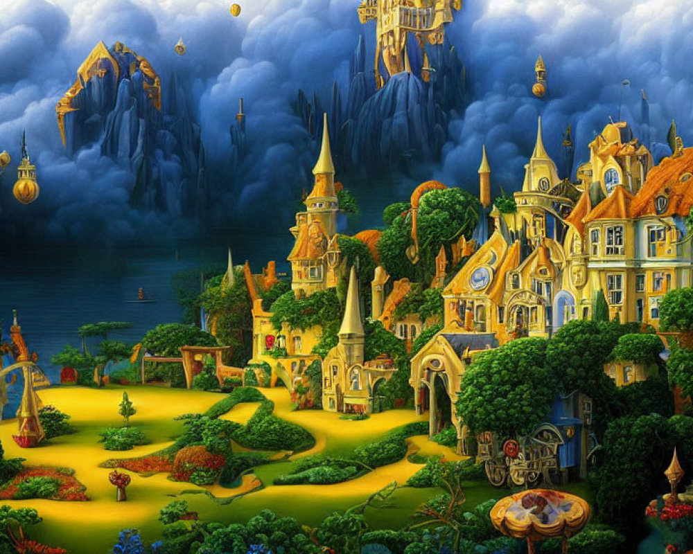 Fantasy Landscape with Whimsical Architecture and Floating Islands