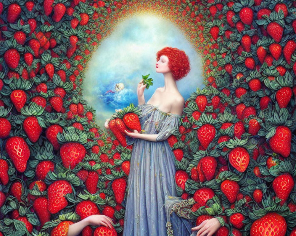 Red-haired woman in blue gown holding bird amidst surreal strawberry backdrop