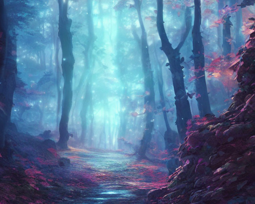 Vibrant blue and pink mystical forest path with luminous foliage