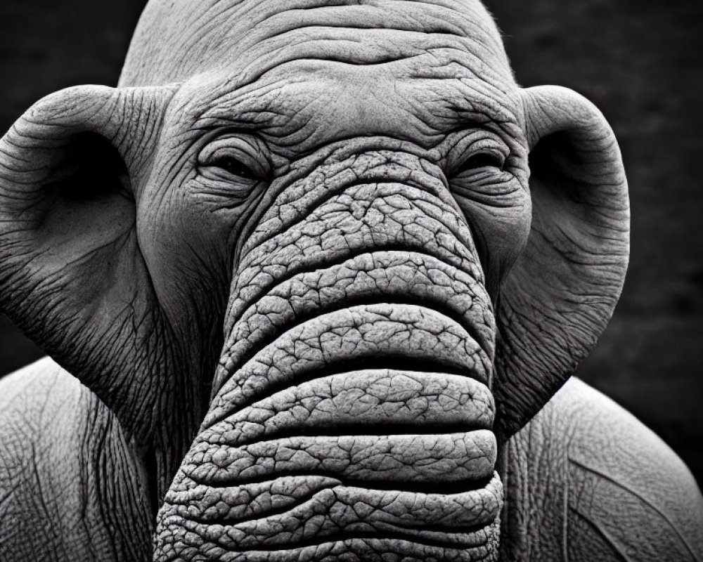 Monochrome close-up portrait of textured elephant skin