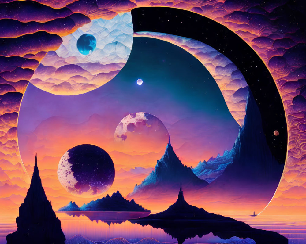 Surreal digital artwork of cosmic landscape with crescent moon, planets, stars, mountains