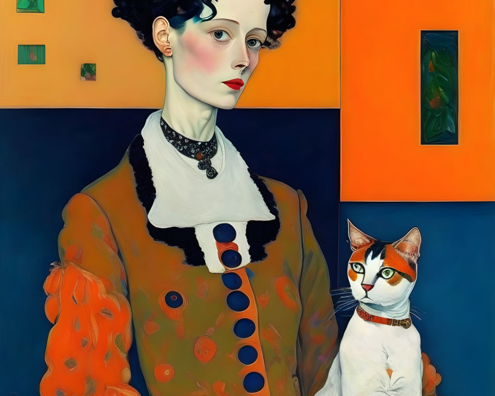 Portrait of Woman in Vintage Orange Dress with Cat