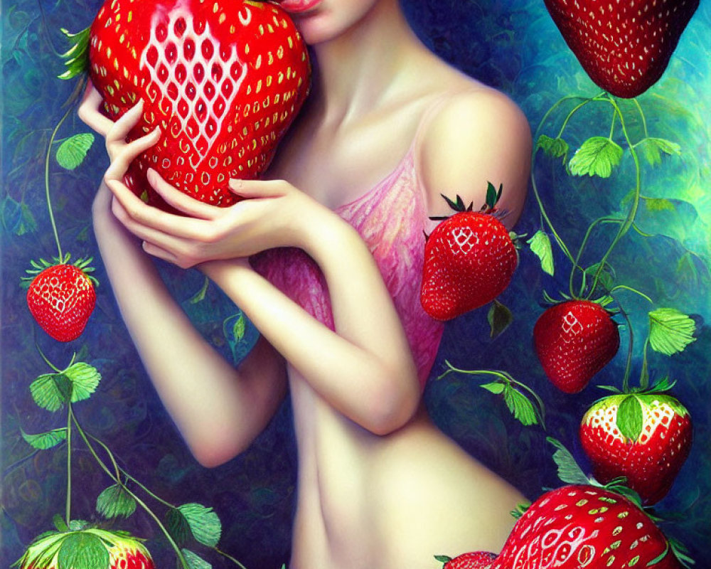 Colorful surreal artwork of a woman with giant strawberry surrounded by more strawberries and leaves