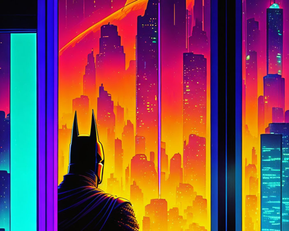 Silhouette of superhero in neon-lit cityscape at night