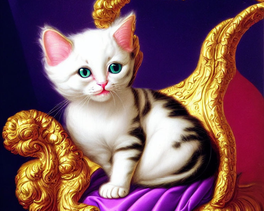 White Kitten with Black Markings on Purple Cloth on Baroque-Style Chair