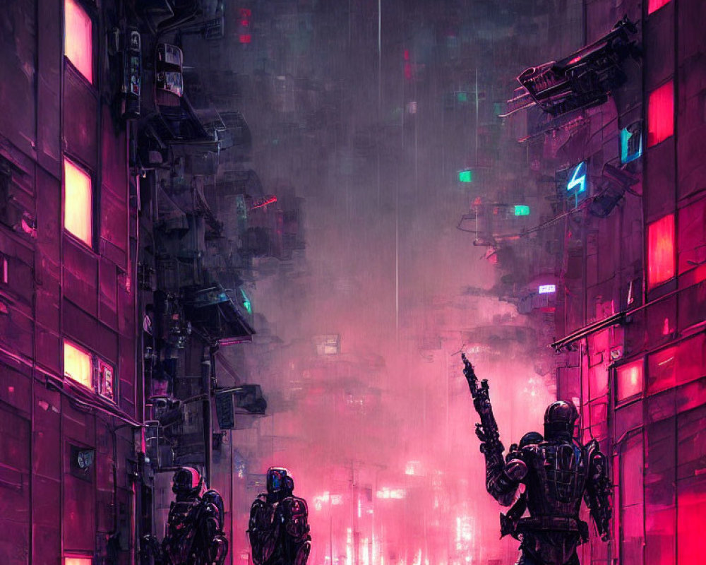 Neon-lit futuristic soldiers in rain-slicked cityscape