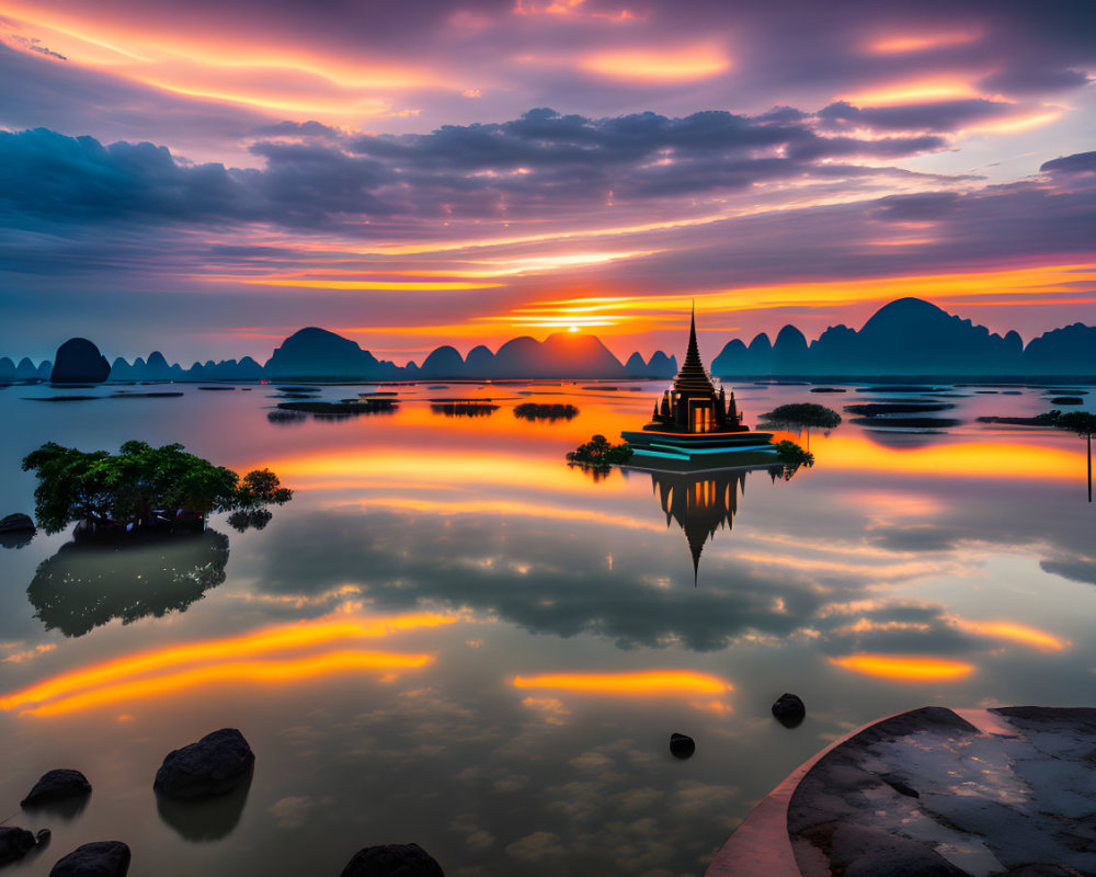 Tranquil lake sunrise with pagoda reflection and vibrant sky