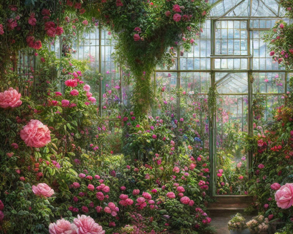 Pink roses and greenery in sunlit greenhouse oasis