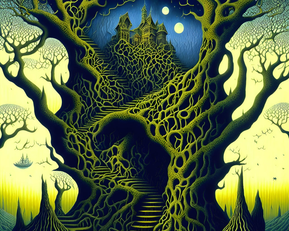 Surreal landscape with intricate trees, castle, starry sky, and moon