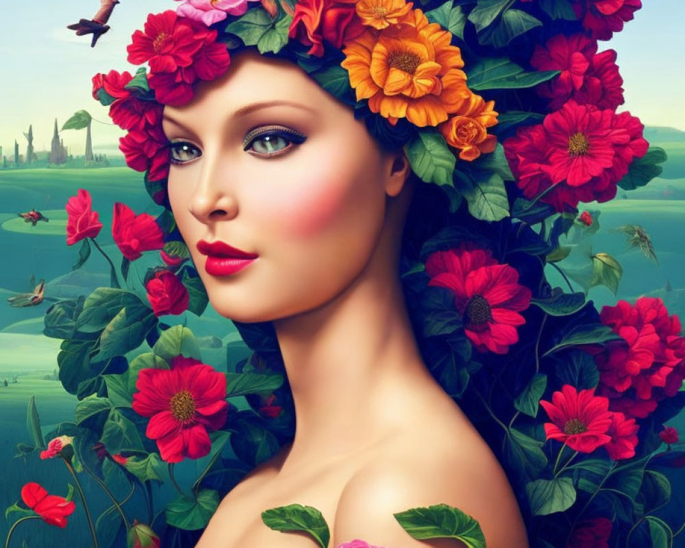 Vibrant rose-adorned woman in surreal landscape with flying birds