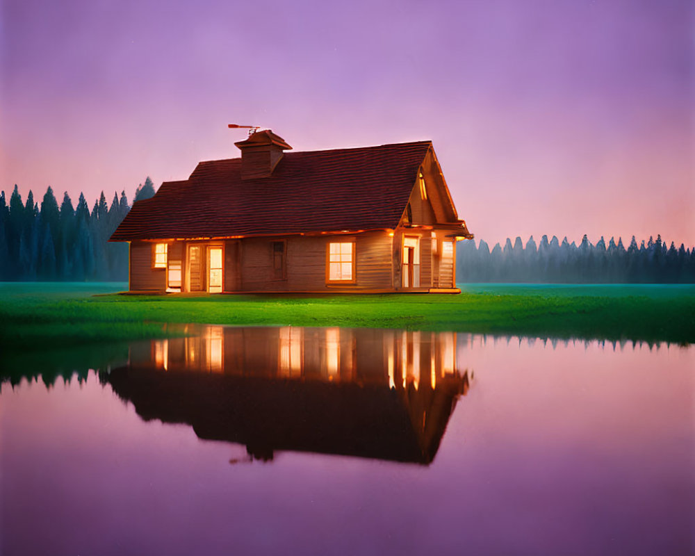 Tranquil wooden house by water at dusk with purple sky