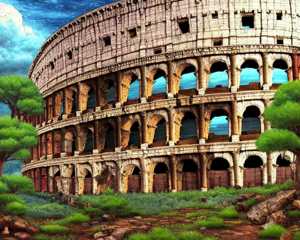 Illustration of Roman Colosseum in Enchanted Forest at Dusk