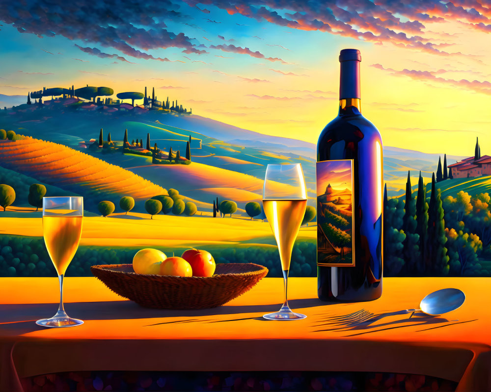 Tranquil wine bottle, glasses, and fruit bowl on table with scenic sunset view