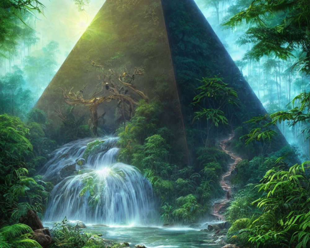 Mystical forest with triangular structure, waterfall, and stream