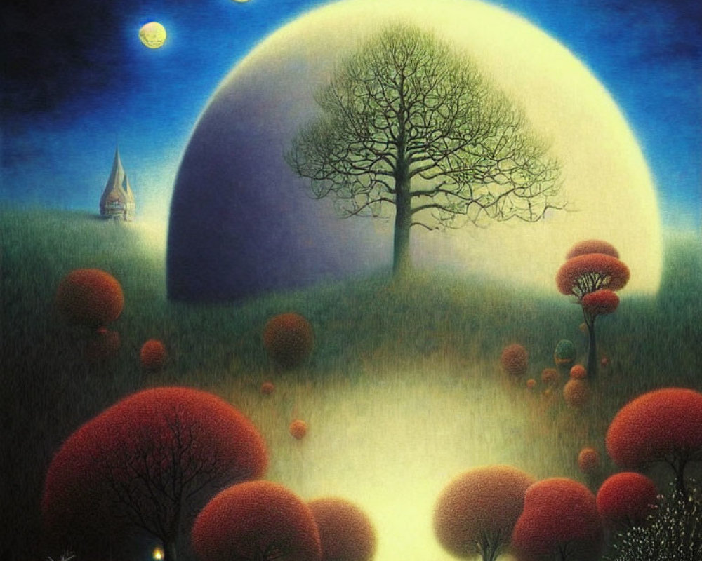 Surreal night landscape with oversized red trees, glowing sphere, figure, church, and two moons