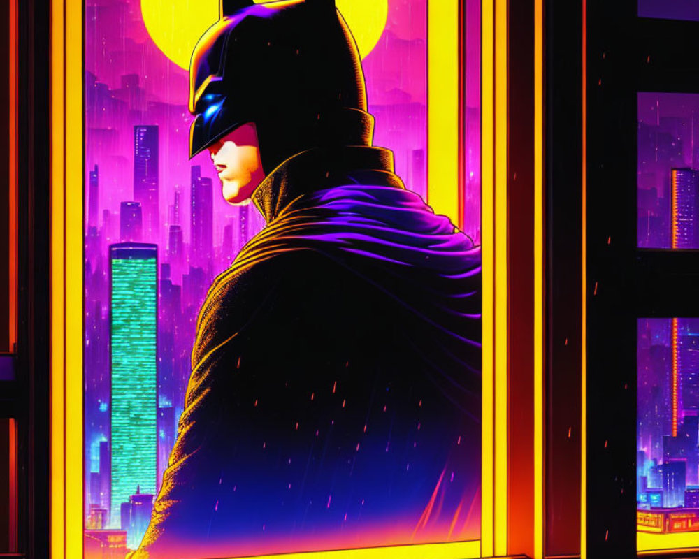 Caped Figure in Batman-like Costume Looking at Neon-lit Cityscape