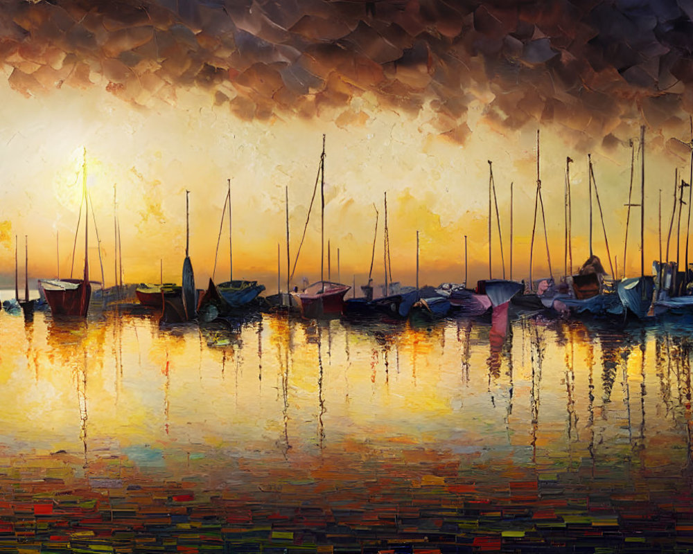 Impressionistic painting of boats at sunset with warm hues