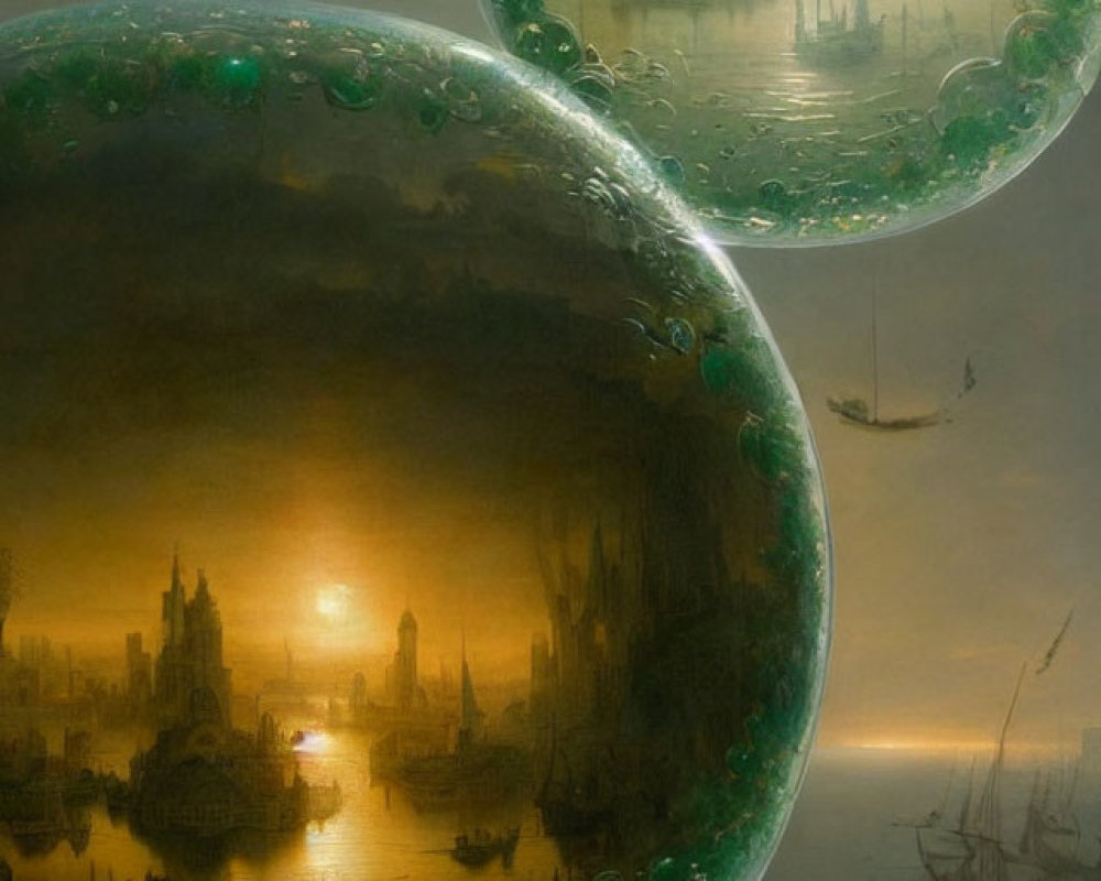 Surreal artwork: Intricate cityscapes in bubbles above misty harbor