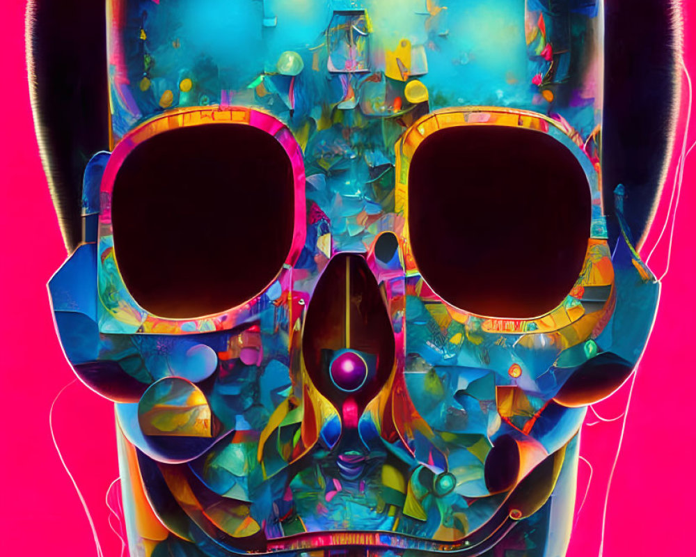 Colorful Skull Artwork with Whimsical Elements on Hot Pink Background