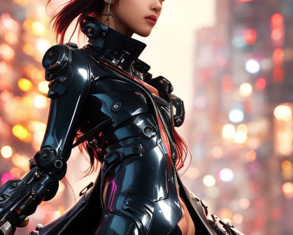 Brown-haired female in futuristic black armor against vibrant cityscape.