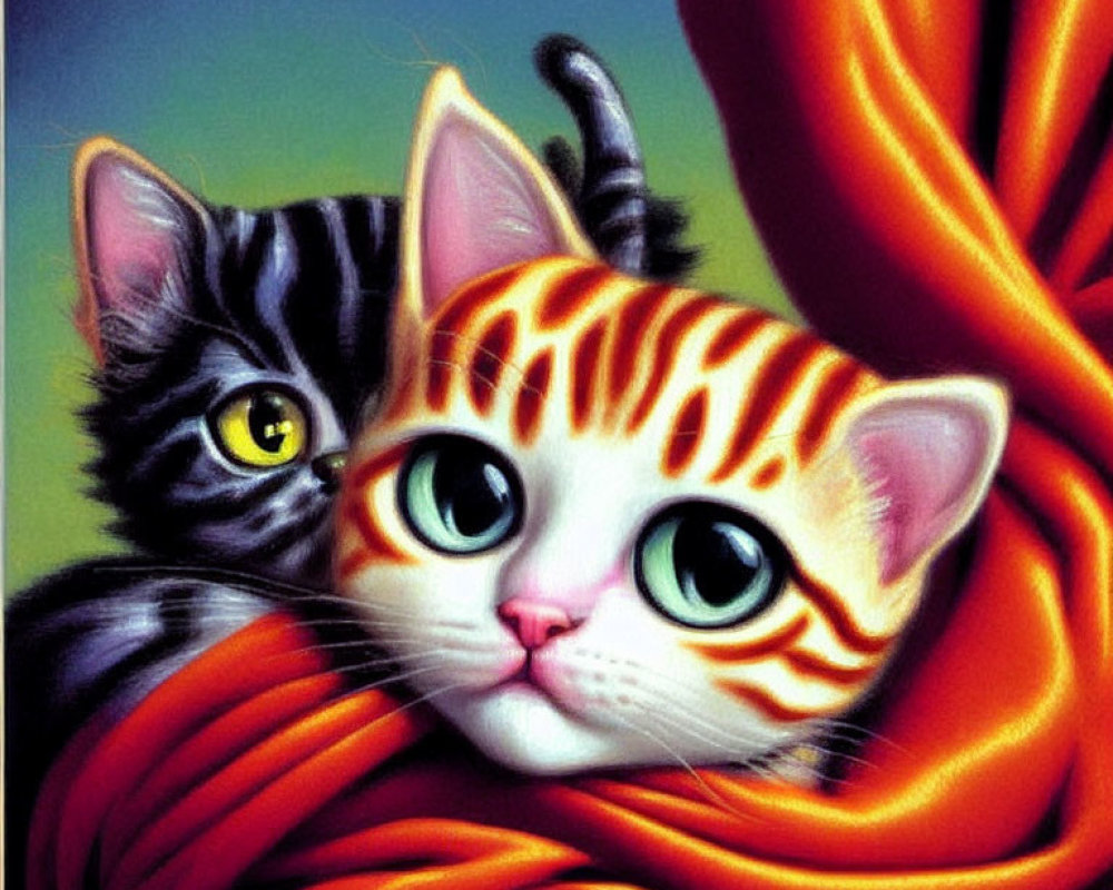 Illustrated Cats with Large Eyes in Orange Scarf on Muted Background