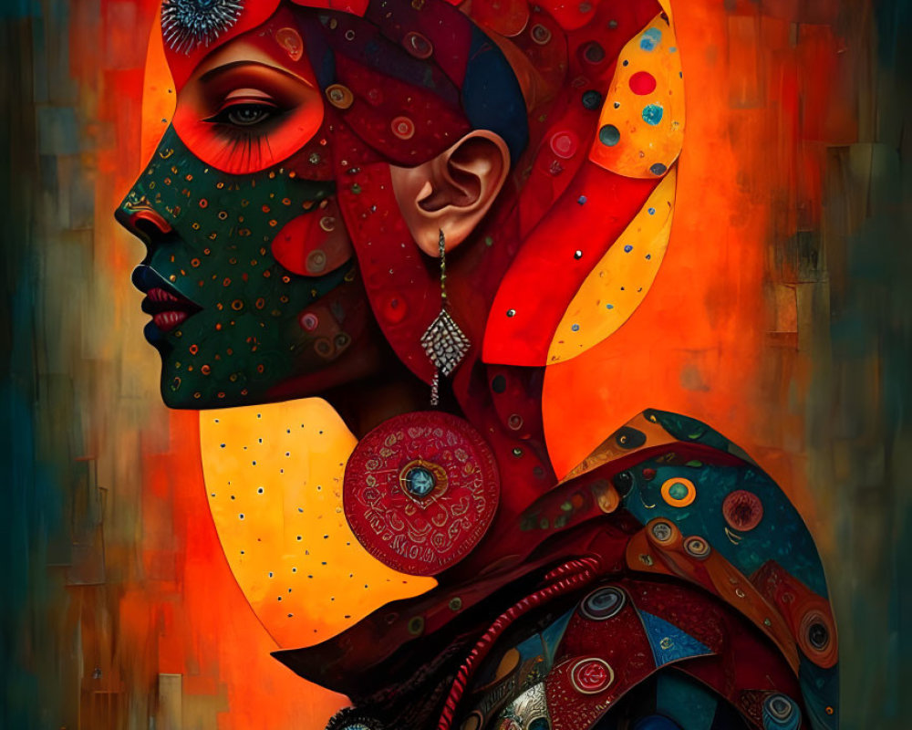 Colorful Stylized Portrait of Woman with Mechanical Elements on Abstract Background