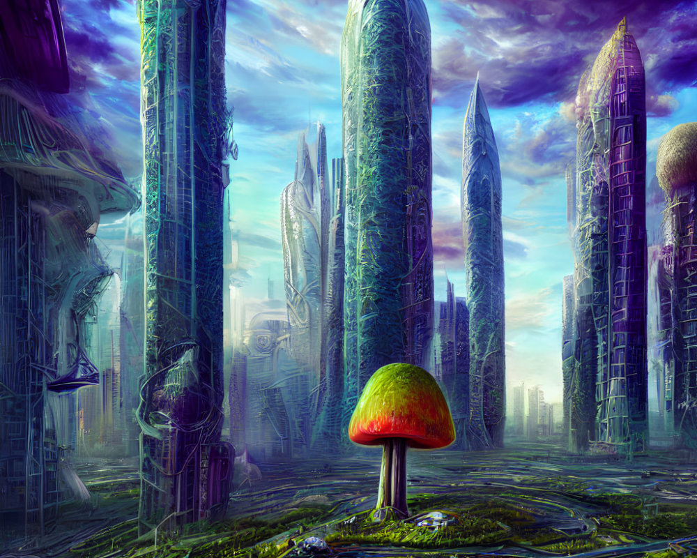 Vibrant futuristic cityscape with towering skyscrapers and giant mushroom