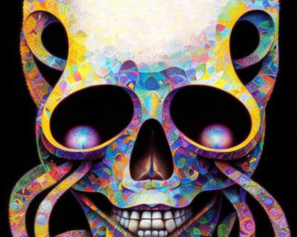 Colorful Psychedelic Skull with Swirling Designs on Black Background