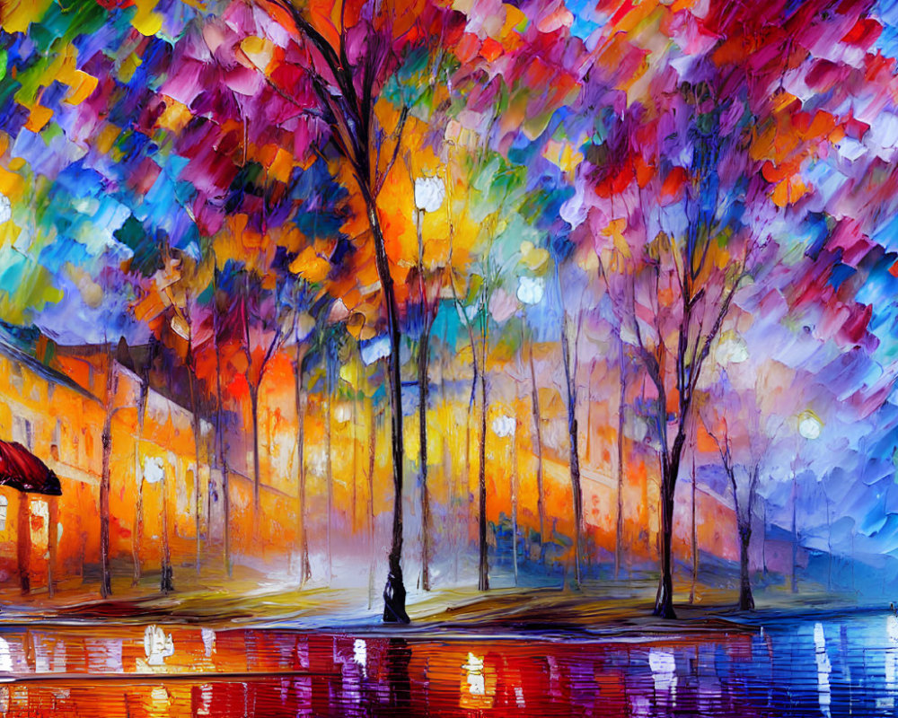 Colorful Impressionistic Painting of Twilight Park with Trees and Street Lamps