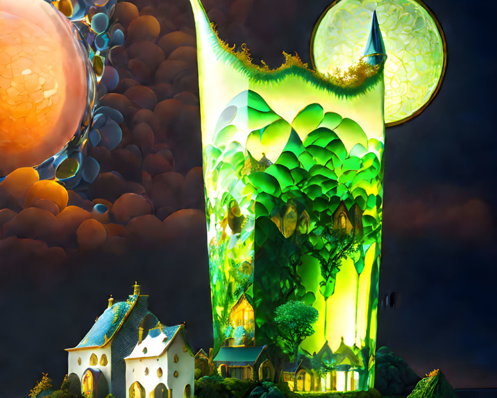 Fantastical tower with green foliage and orbs on reflective water under twilight sky