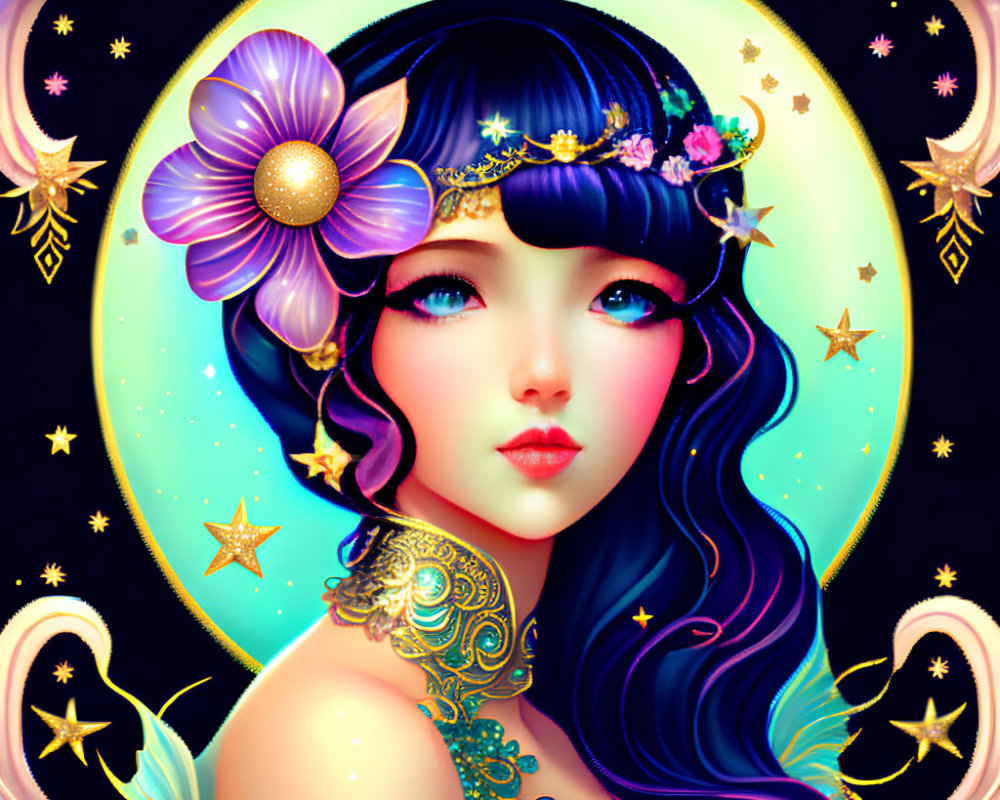 Stylized female with blue hair and gold jewelry in celestial setting