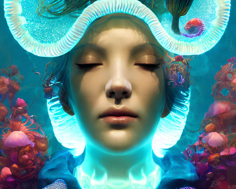 Underwater scene with serene face, jellyfish, coral, and glowing blue light.