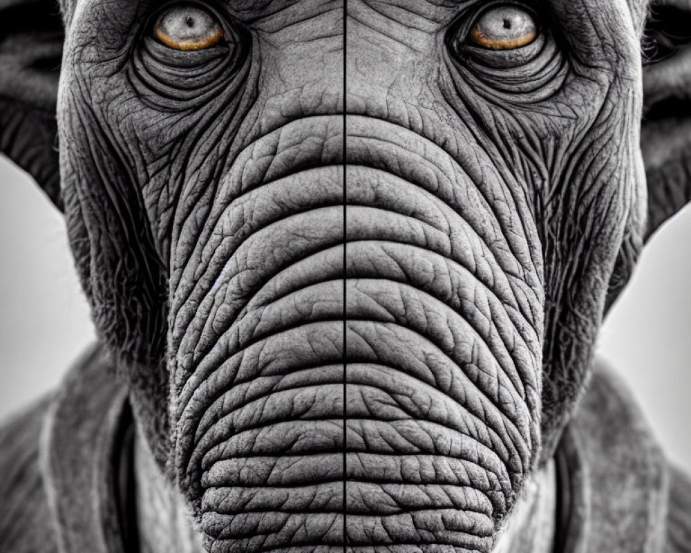 Symmetrical Elephant Face with Detailed Textures and Orange Eyes