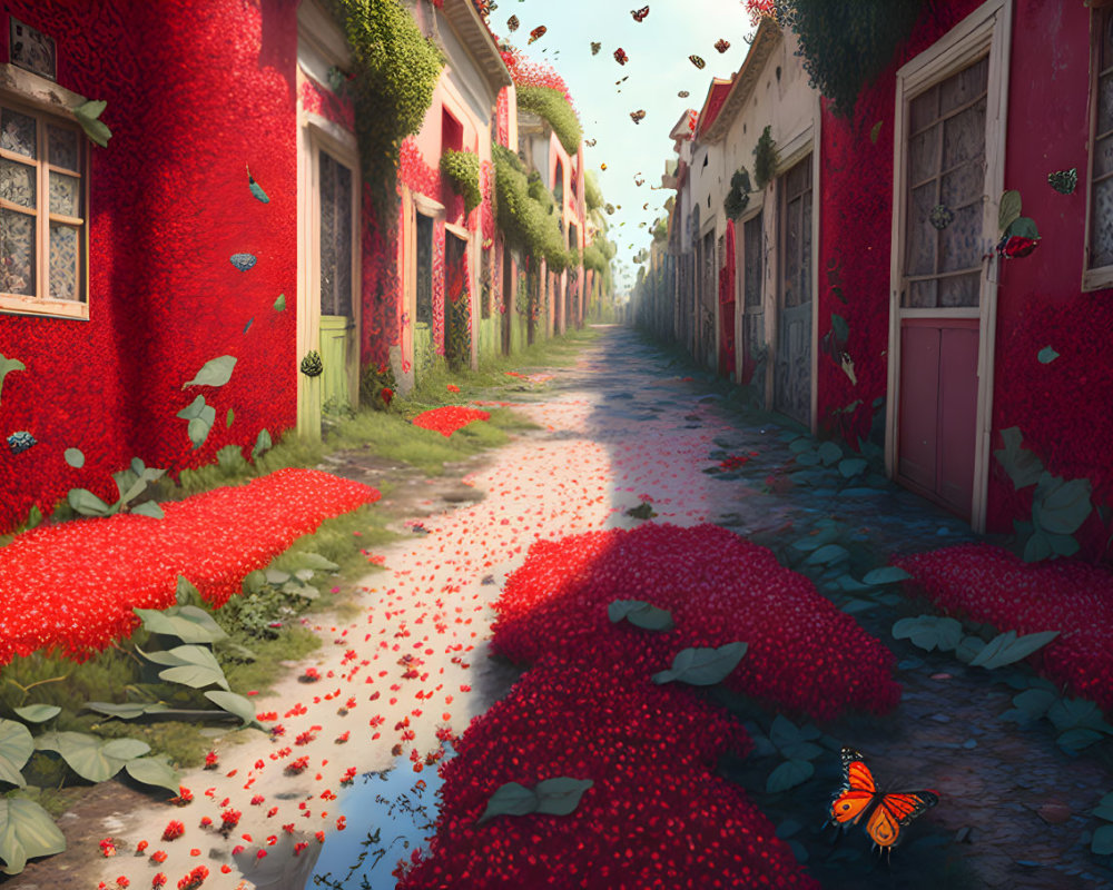 Cobblestone alley with red house walls, floating leaves, and butterfly