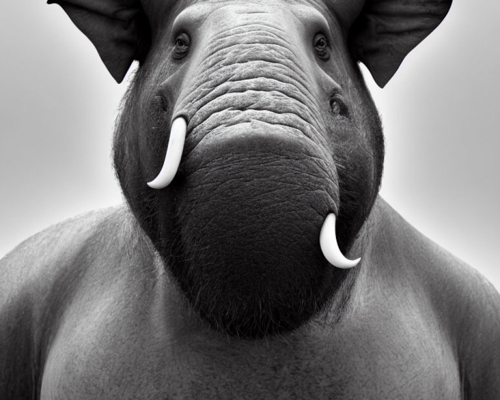 Monochrome close-up of elephant with spread ears and tusks