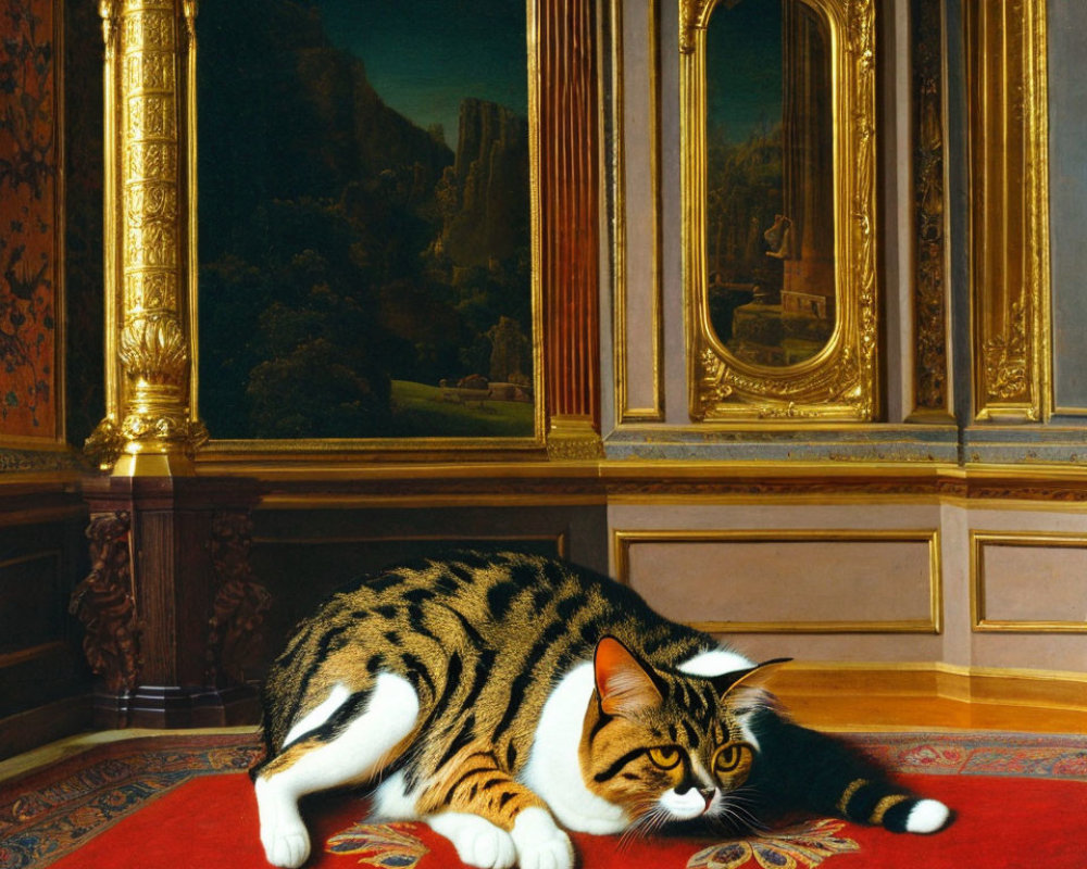 Tabby cat resting on red carpet in luxurious room setting