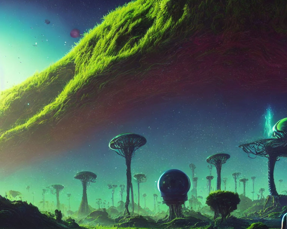 Fantastical landscape with oversized mushroom-like structures and grass-covered arc under starry sky