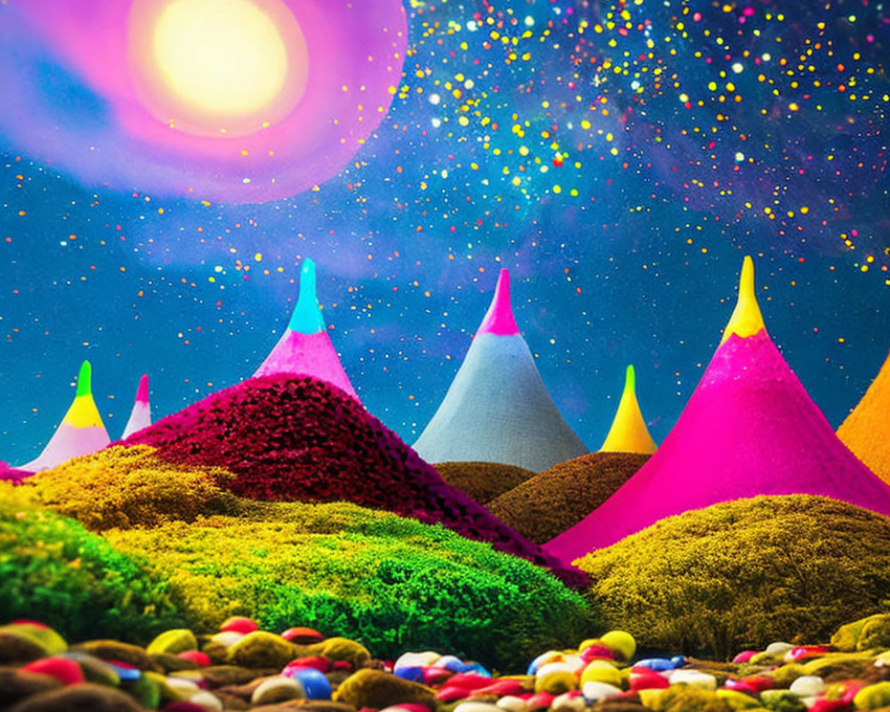 Colorful Cone-Shaped Hills in Surreal Landscape with Moons and Orbs