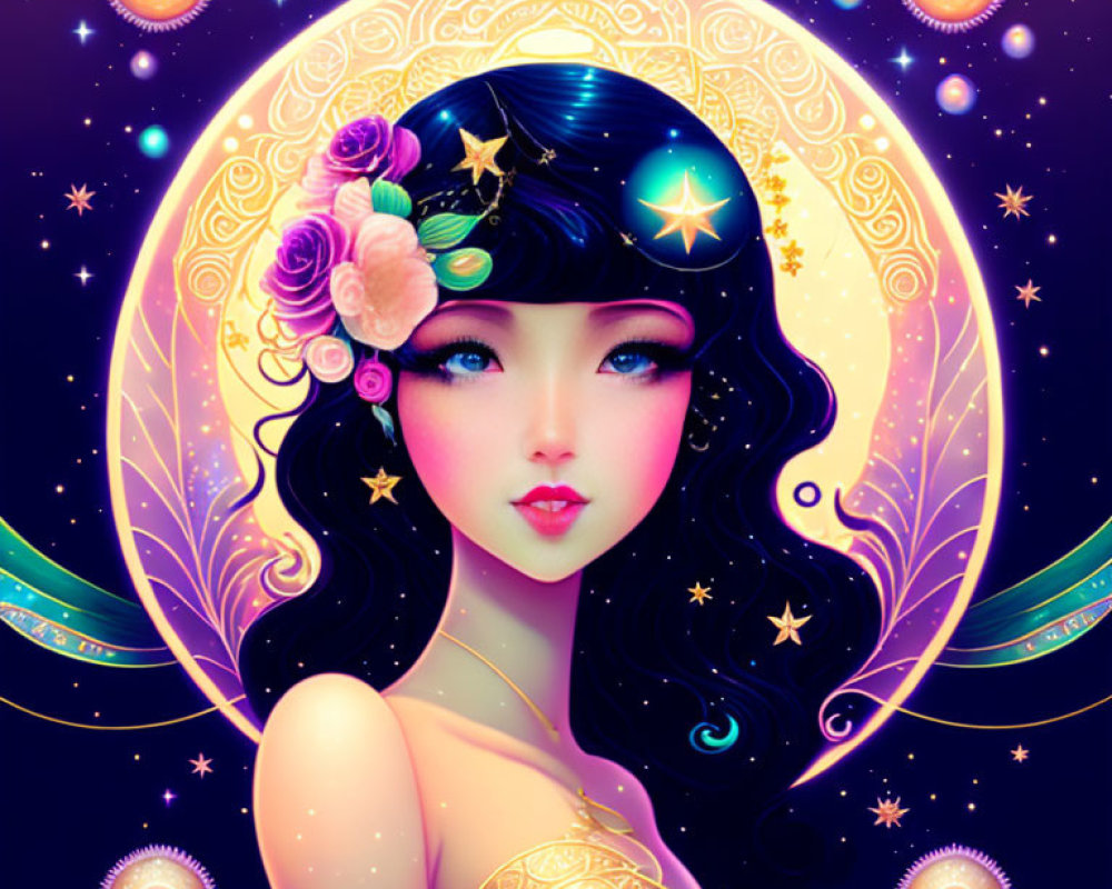 Stylized female figure with dark hair and celestial motifs on purple background