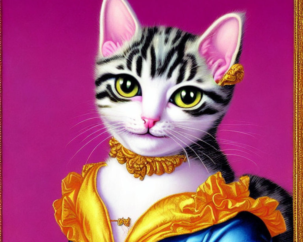 Digitally created cat image with human-like eyes, gold accessories, blue & gold dress on pink background