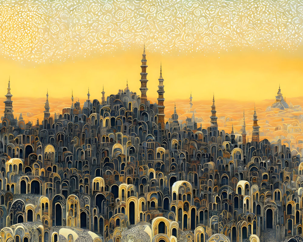 Fantasy landscape with golden towers and filigree sky