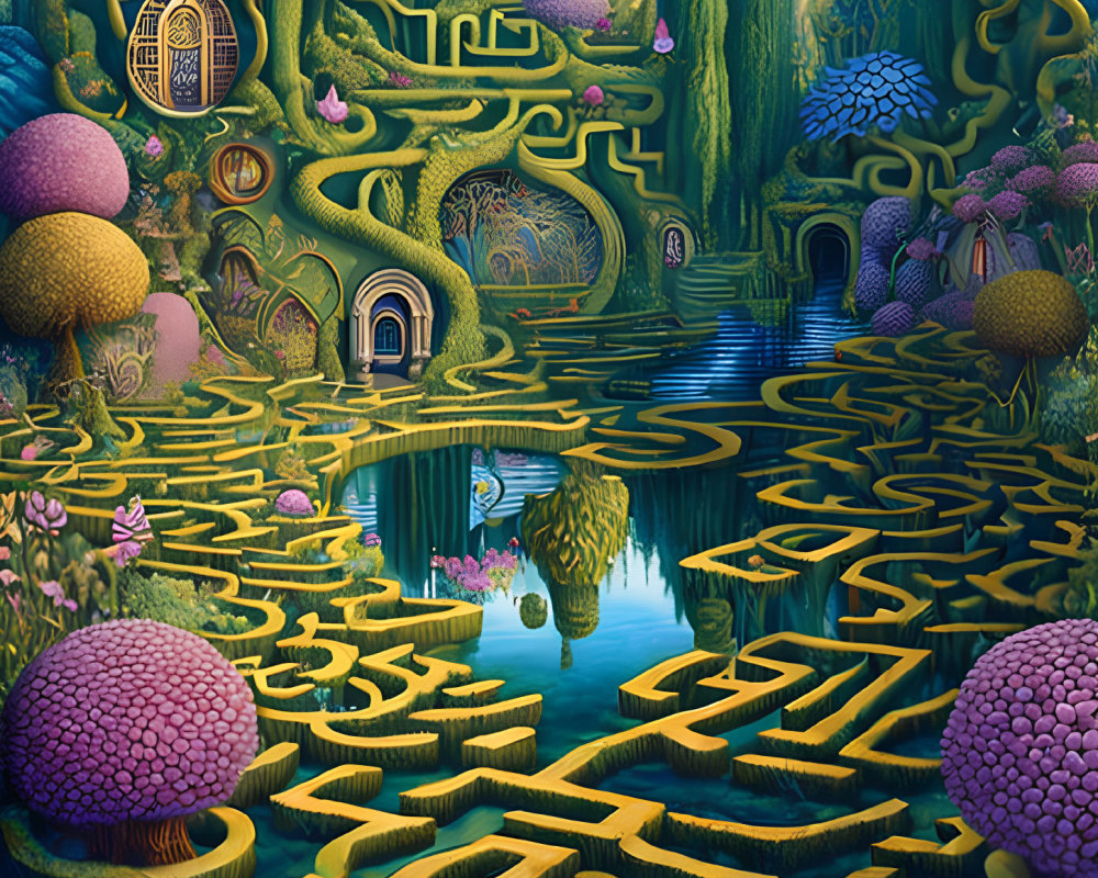 Fantastical landscape with labyrinthine hedges, serene pond, vibrant flora, whimsical structures