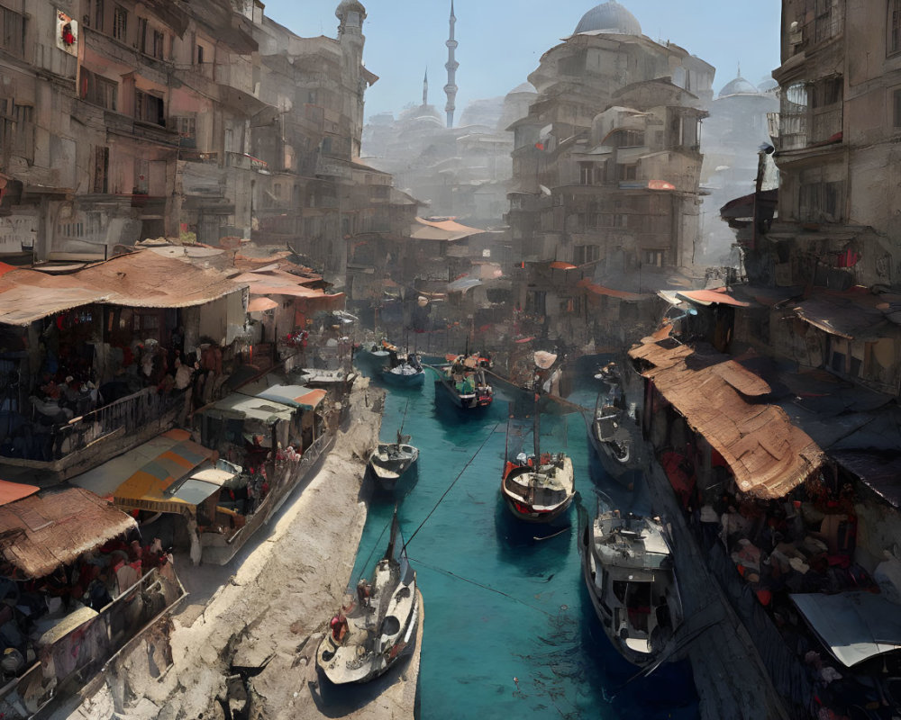 Cityscape canal market with boats, stalls, and domes in dense urban setting