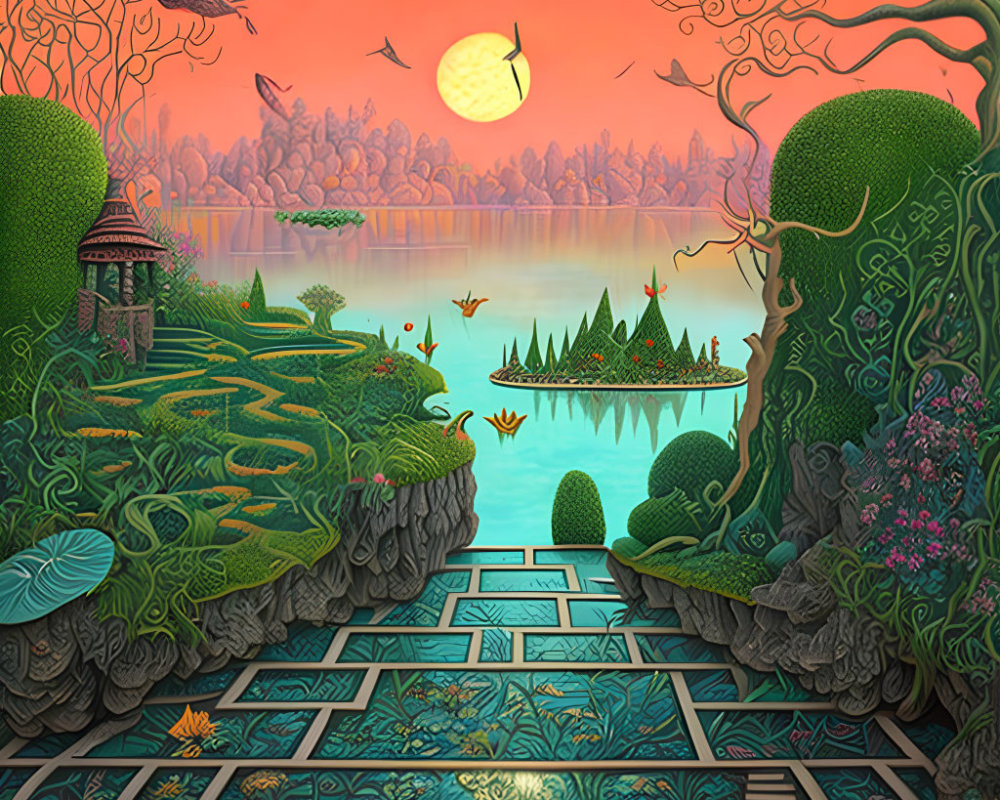 Colorful Fantasy Landscape with Mosaic Pathway and Sunset Lake