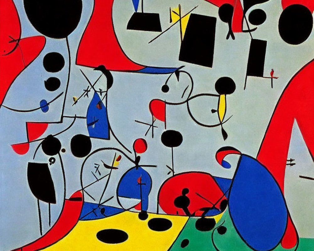 Vibrant abstract painting with geometric shapes and organic forms in red, blue, yellow, black,